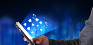 Man using social media with glowing notifications and signs on screen. Modern tech backdrop