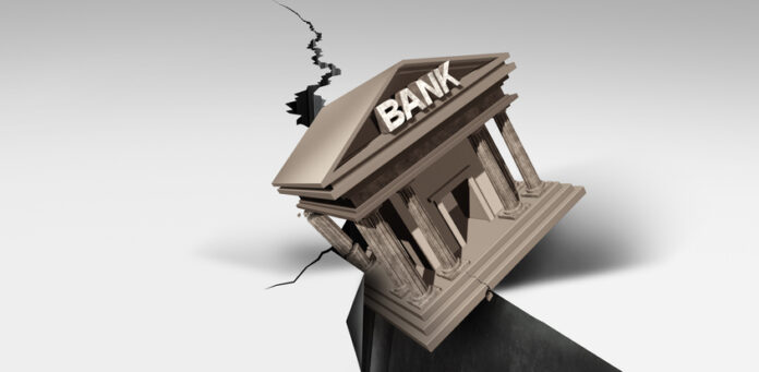 Bank Collapse Bank Collapse and Banking Crisis or global credit system falling in debt as a financial instability or insolvency concept