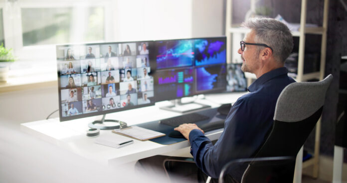Virtual Presentation Or Webinar Employees working remotely being monitored by the boss