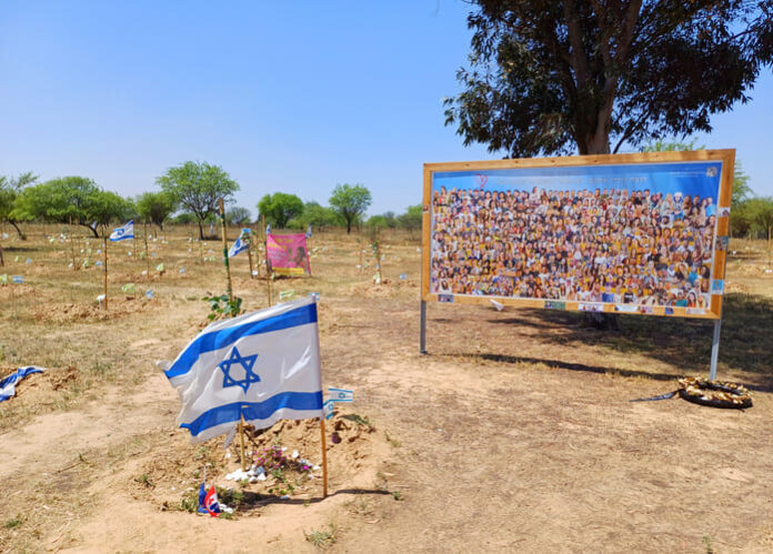 iStock-2176742299 (1) Memorial composed of photos of young Israelis killed during the terrorist attack on the NOVA Festival which took place on October 7, 2023 a few kilometers from Gaza