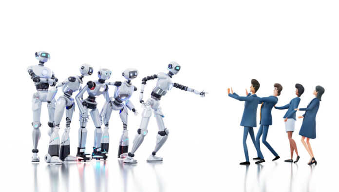 Robots are threatening the man. Human-AI Interaction: The Future of Workplace Collaboration. 3d render Employees fears Gen AI