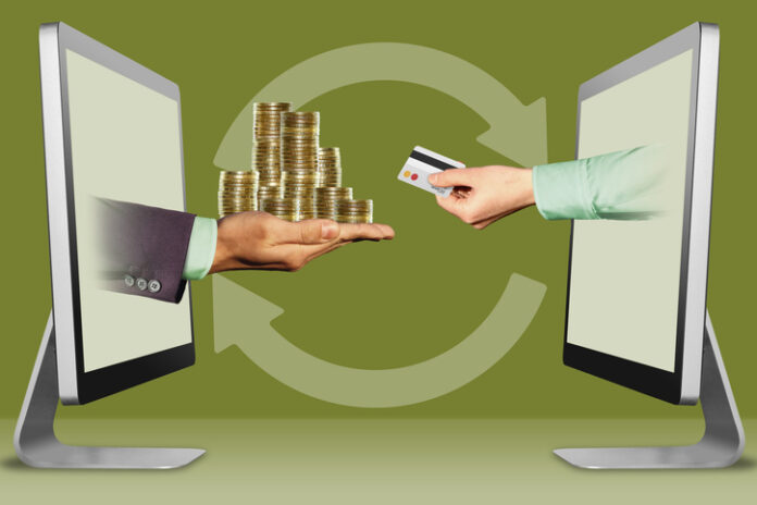 e-commerce buy coins concept, two hands from monitors. pile of coins and hand with credit card. 3d illustration Micropayment Ecosystem