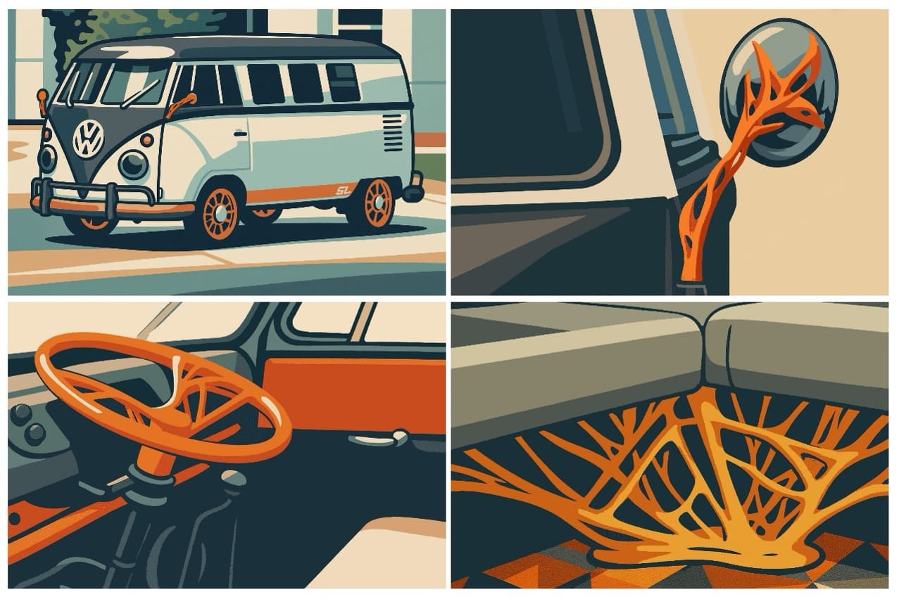 The modernized 1962 Microbus - Orange Parts are conceptualized by Generative Design