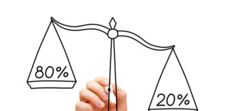 Hand drawing Pareto Principle scale concept with black marker on transparent wipe board isolated on white.
