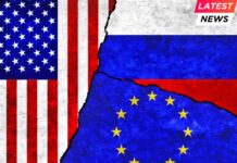 USA, Russia and EU flags