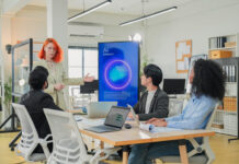 Diverse business professionals male and female meet in bright office interior, using AI virtual assistant to brainstorm, connect big data dots, discuss creative strategy teamwork growth and progress
