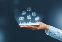 Person holds a smartphone on White-Label Banking Software with mobile banking icons projection