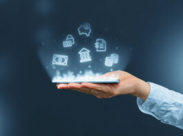 Person holds a smartphone on White-Label Banking Software with mobile banking icons projection
