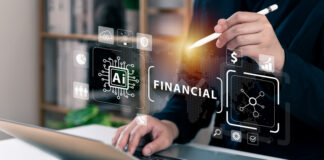 Businessman using laptop connecting to AI tech financial concept,