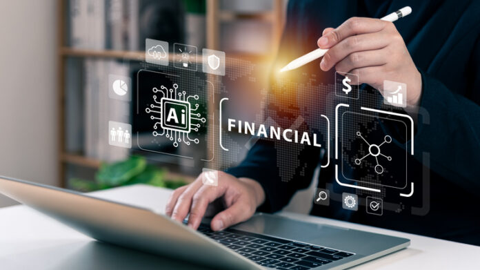 Businessman using laptop connecting to AI tech financial concept,