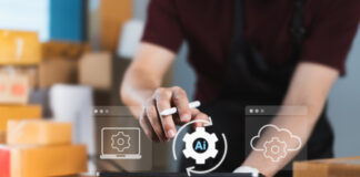 E-commerce seller activating AI-powered automation system on digital tablet, surrounded by cloud computing and logistics icons, for intelligent inventory management and streamlined fulfillment process