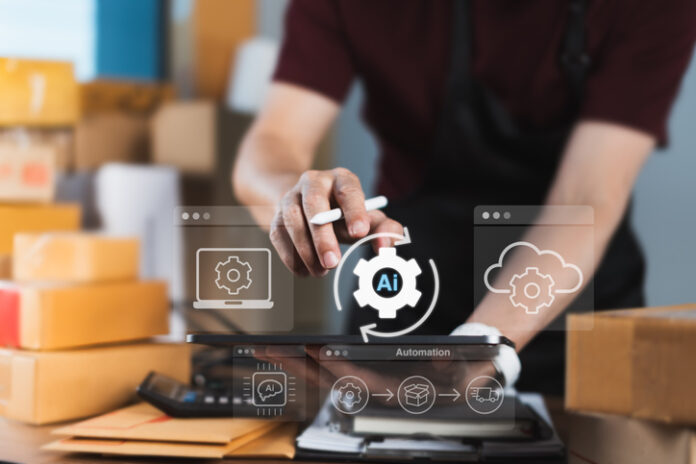 E-commerce seller activating AI-powered automation system on digital tablet, surrounded by cloud computing and logistics icons, for intelligent inventory management and streamlined fulfillment process
