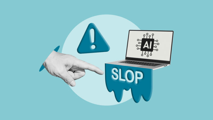 AI Slop Warning - Low Quality Generative Content. Stop Artificial Intelligence Digital Content Clutter AI “Slop” Problem