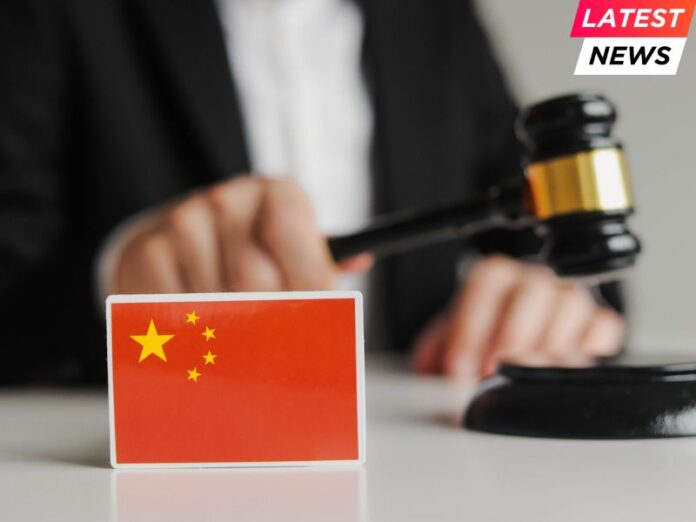 holding wooden gavel. Flag of China