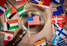 The flag of the United States of America and the magnifying glass. Multipolar International Law