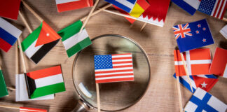 The flag of the United States of America and the magnifying glass. Multipolar International Law