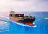 Container cargo ship global business logistics import export freight shipping transportation, Global Trade Risks and Container cargo ship analysis, Big data visualization abstract graphic graph and chart information business.