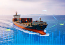 Container cargo ship global business logistics import export freight shipping transportation, Global Trade Risks and Container cargo ship analysis, Big data visualization abstract graphic graph and chart information business.
