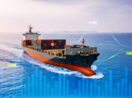 Container cargo ship global business logistics import export freight shipping transportation, Global Trade Risks and Container cargo ship analysis, Big data visualization abstract graphic graph and chart information business.