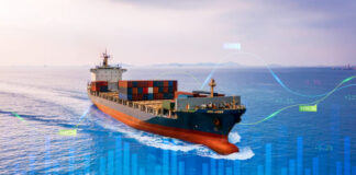 Container cargo ship global business logistics import export freight shipping transportation, Global Trade Risks and Container cargo ship analysis, Big data visualization abstract graphic graph and chart information business.