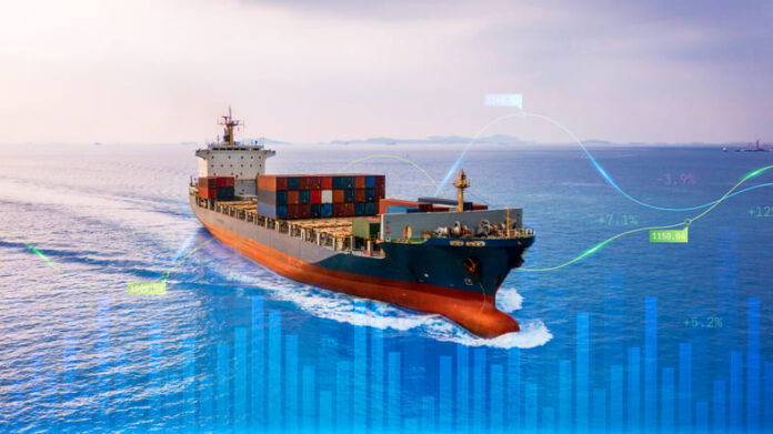 Container cargo ship global business logistics import export freight shipping transportation, Global Trade Risks and Container cargo ship analysis, Big data visualization abstract graphic graph and chart information business.