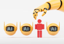 Forget Robots—Gen AI Future Depends on Human Insight Machine hand wants to grab a human figure standing between AI bot heads. Concept of robot replace people, machine learning, employment crisis and dismissal.