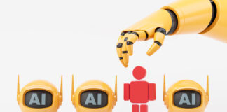 Machine hand wants to grab a human figure standing between AI bot heads. Concept of robot replace people, machine learning, employment crisis and dismissal.