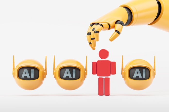 Robot hand take human figure, machine replace people Machine hand wants to grab a human figure standing between AI bot heads. Concept of robot replace people, machine learning, employment crisis and dismissal.