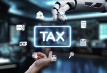 A futuristic robotic hand reaches out to interact with digital tax icons, symbolizing the merger of technology and finance in a modern workspace. AI in Tax Preparation concept