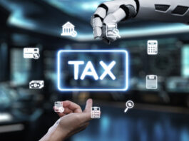 A futuristic robotic hand reaches out to interact with digital tax icons, symbolizing the merger of technology and finance in a modern workspace. AI in Tax Preparation concept