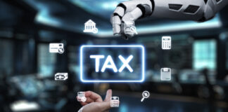 A futuristic robotic hand reaches out to interact with digital tax icons, symbolizing the merger of technology and finance in a modern workspace. AI in Tax Preparation concept