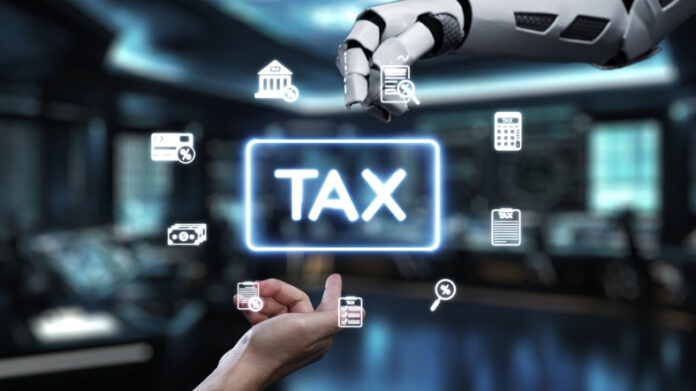 Futuristic robotic hand interacting with digital tax icons in a modern office environment showcasing technology influence on tax management. Auvana A futuristic robotic hand reaches out to interact with digital tax icons, symbolizing the merger of technology and finance in a modern workspace. AI in Tax Preparation concept