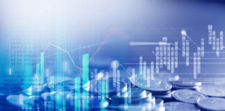 double exposure image of stock market investment graph and coins stack,concept of business investment and stock future trading.