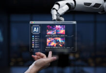 AI is Making the One-Person Creative Studio a Reality A futuristic robot hand engages with a digital screen showcasing vibrant abstract art in a sleek modern office setting, highlighting innovation and creativity.