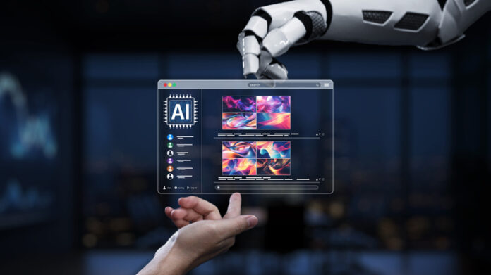 A futuristic robot hand engages with a digital screen showcasing vibrant abstract art in a sleek modern office setting, highlighting innovation and creativity.