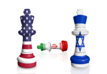 Chess made from USA, Iran and Israel flags on a white background with soft reflection