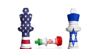 Chess made from USA, Iran and Israel flags on a white background with soft reflection