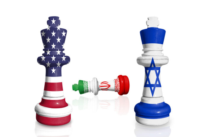 Chess made from USA, Iran and Israel flags on a white background with soft reflection