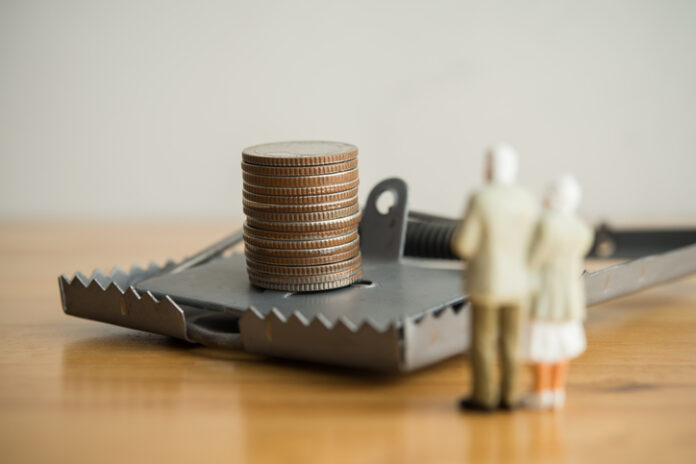 Senior couple loss money from a scammer, investing scam, financial deception, online or offline swindler, blackmail, social issues and so on. Investment Fraud Victims concept