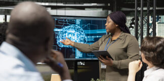 leaders using technology in the office. AI strategy concept