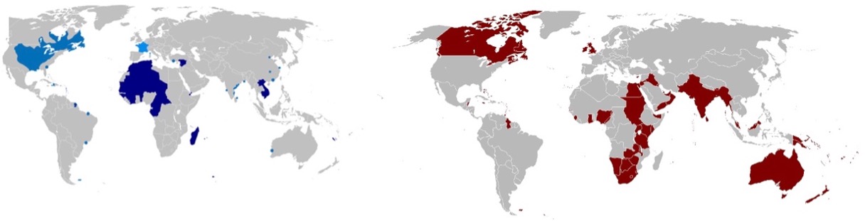 Maps of French Empire (left) and British Empire (right) in 1763