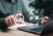 Agile software development management concept, Businessman use laptops development methodology iterative methods, Reducing step and Agile software development principle, lifecycle, Process, Workflow