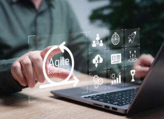 What is the Importance of User Stories in Agile Development? Agile software development management concept, Businessman use laptops development methodology iterative methods, Reducing step and Agile software development principle, lifecycle, Process, Workflow