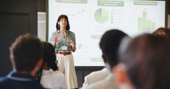 Presentation, screen and businesswoman in office for planning with finance graph, statistics or charts. Meeting, speech and female financial manager with information for investment pitch in workplace