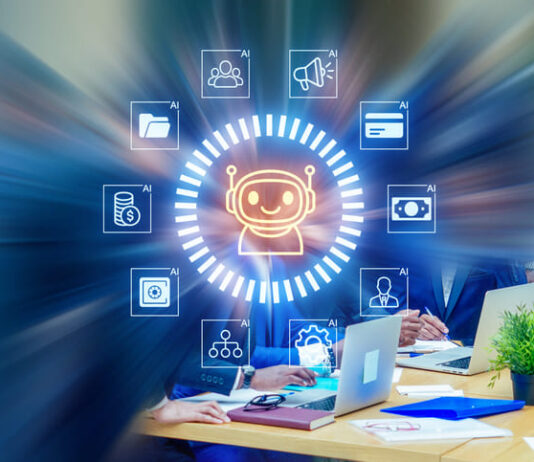 The AI Divide is Already Reshaping Who Holds Power At Work team in the meeting with AI technology support in a business office setting during work hours