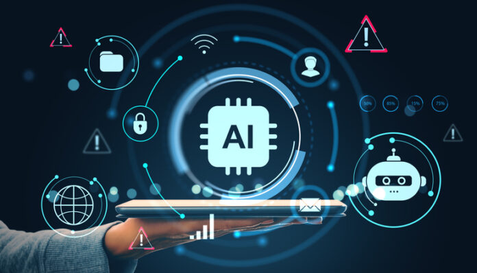 AI technology concept with futuristic digital interface showing artificial intelligence symbol above tablet in human hand on dark background.