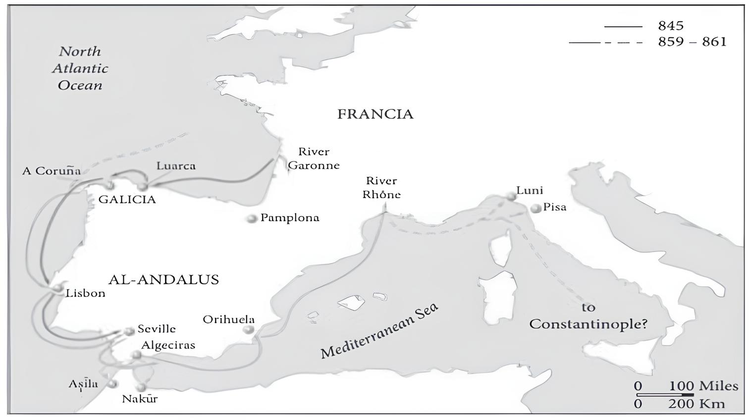 MAP: Viking Expeditions in the Iberian Peninsula and the Mediterranean Sea.