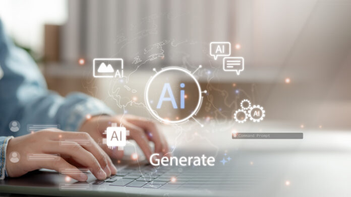 AI generation technology concept with person typing on laptop, surrounded by digital AI icons, representing artificial intelligence tools for daily content creation and productivity. AI Management Advantage for productivity