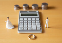The Retirement Asset Most Divorcing Couples Undervalue Couple in troubles in connection with divorce, marriage and family. Retirement Asset. Concept of couple's money troubles with calculator and ring.