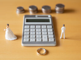 Couple in troubles in connection with divorce, marriage and family. Retirement Asset. Concept of couple's money troubles with calculator and ring.